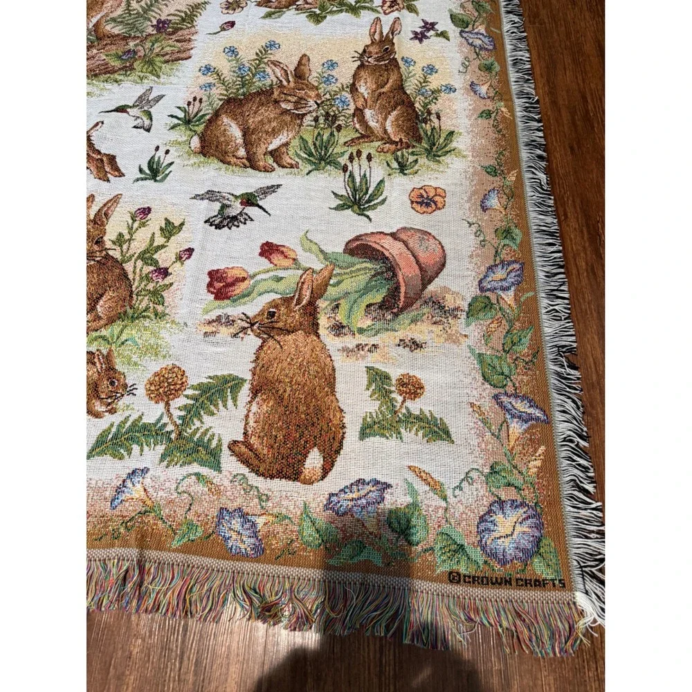 Crown Crafts Woven Tapestry Throw Blanket Rabbit Hummingbird Floral Made in USA